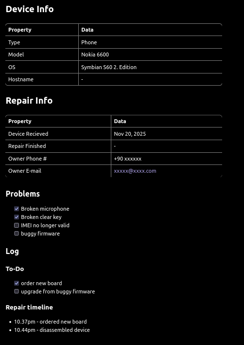 the repair journal's digital version. sections for the device information, repair information and repair timeline are included.